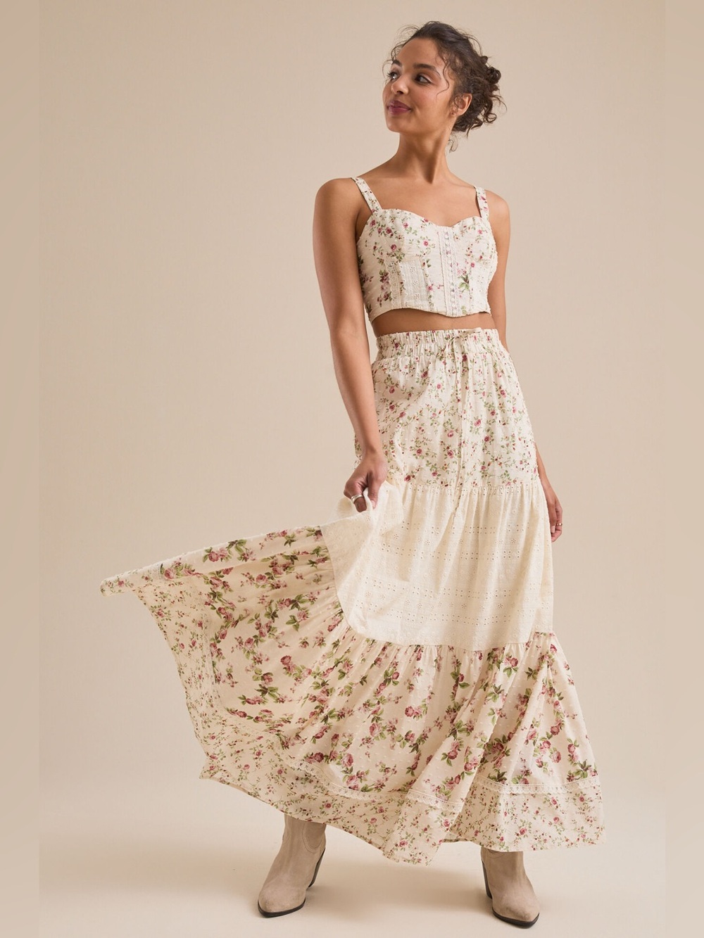 Altar'd State Kairo Floral Eyelet Maxi Skirt Size Small - Ivory/Red